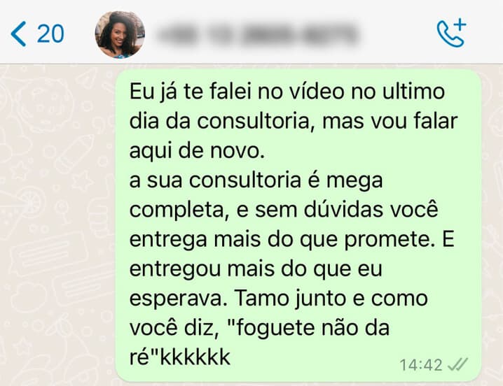 Depoimento de cliente 1 sobre a Consultoria Black, em conversa de WhatsApp