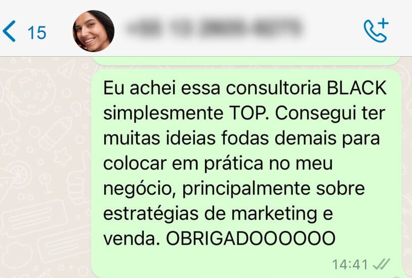 Depoimento de cliente 2 sobre a Consultoria Black, em conversa de WhatsApp