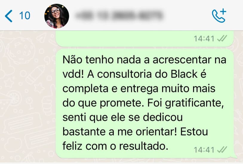 Depoimento de cliente 3 sobre a Consultoria Black, em conversa de WhatsApp