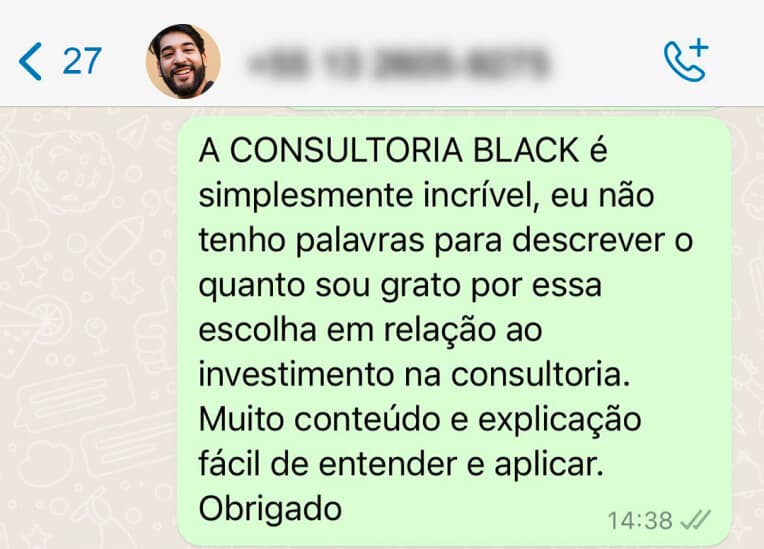 Depoimento de cliente 4 sobre a Consultoria Black, em conversa de WhatsApp